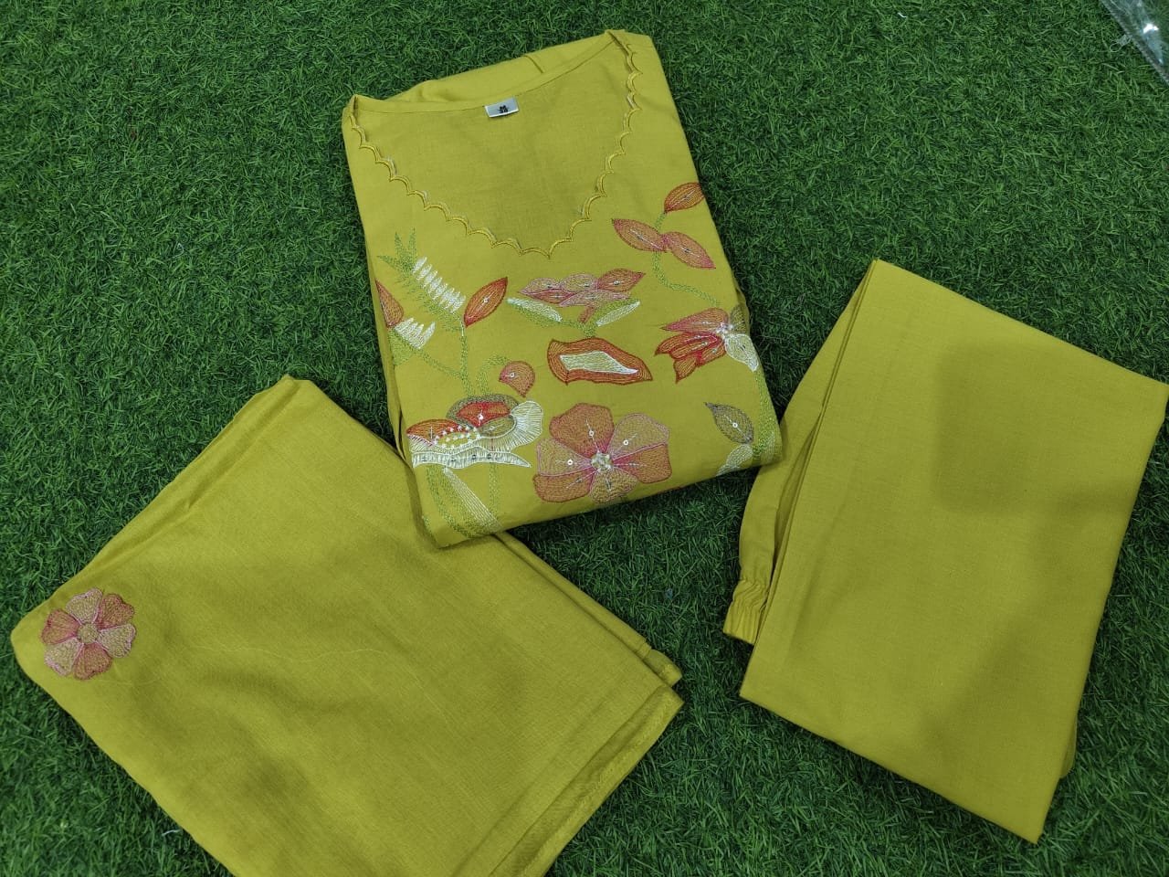 Yellow Anarkali Cotton Embroidered Suit Set